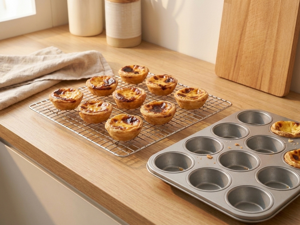 A few baked custard tarts cooling on a wire rack beside a muffin tin on a tidy kitchen counter