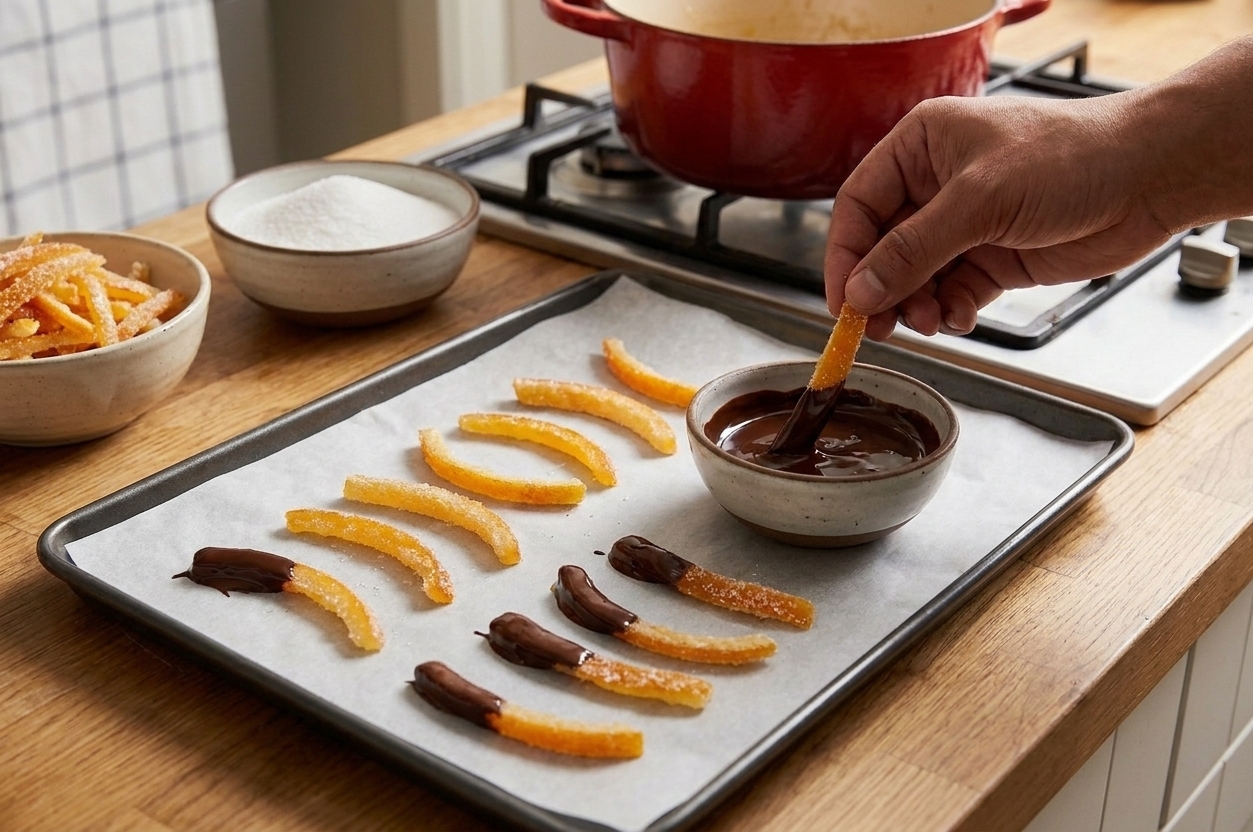 A few candied orange peel strips partially dipped in dark chocolate on parchment paper, setting on a sheet pan