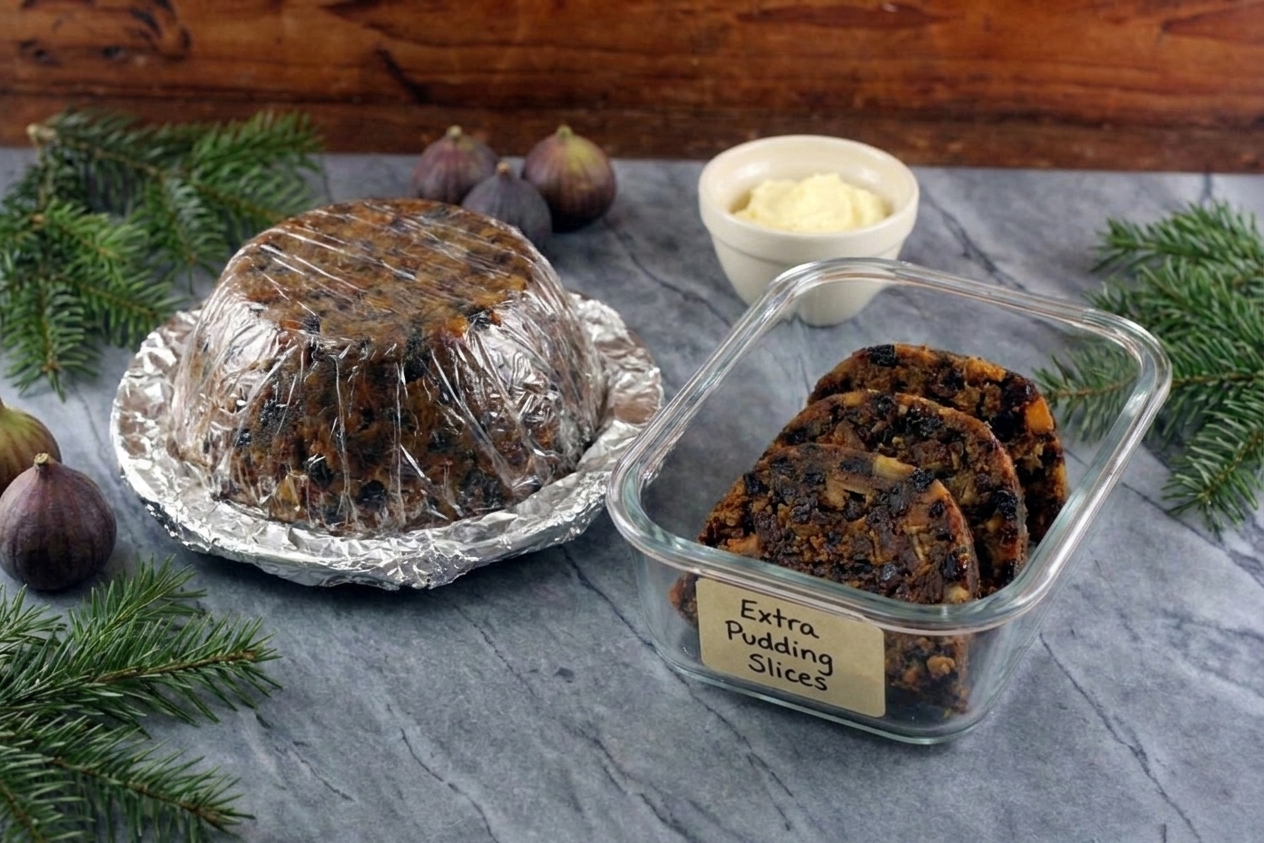 A figgy pudding wrapped in plastic wrap and foil on a kitchen counter next to a labeled storage container with extra slices