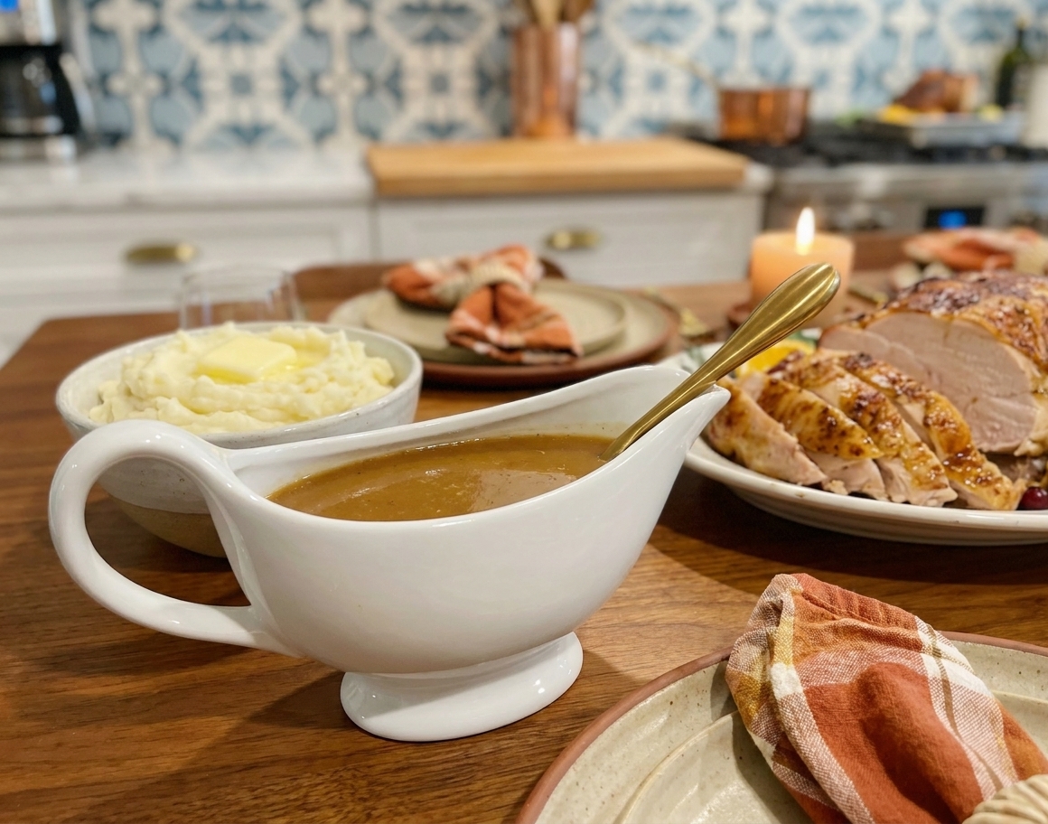 A filled gravy boat of warm turkey gravy on a Thanksgiving table with mashed potatoes and a platter of sliced turkey nearby under cozy dinner lighting