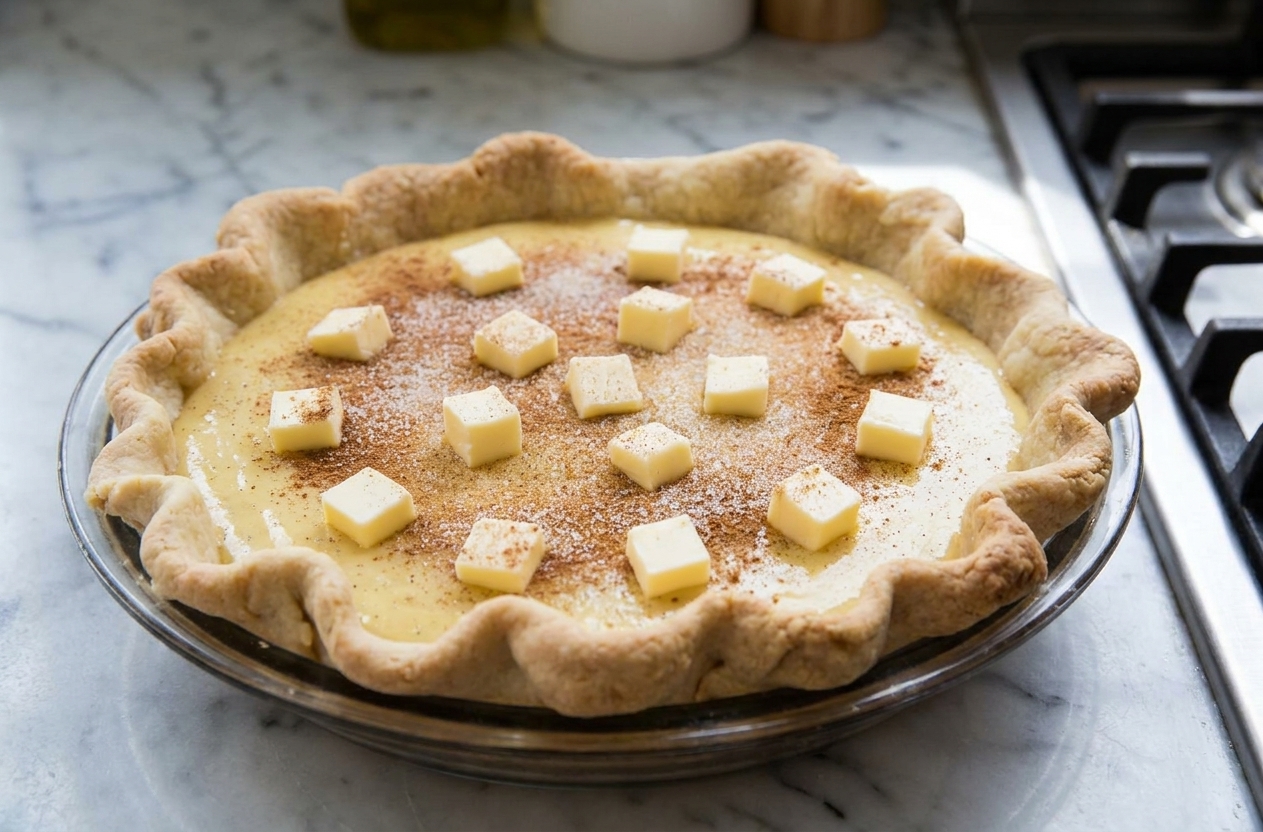 A filled pie crust with small butter cubes and cinnamon sugar sprinkled across the custard surface, ready to bake