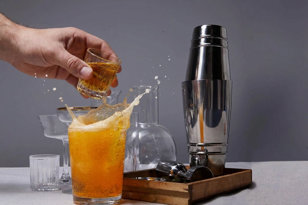 A filled shot glass being dropped into a small glass of energy drink with a visible splash
