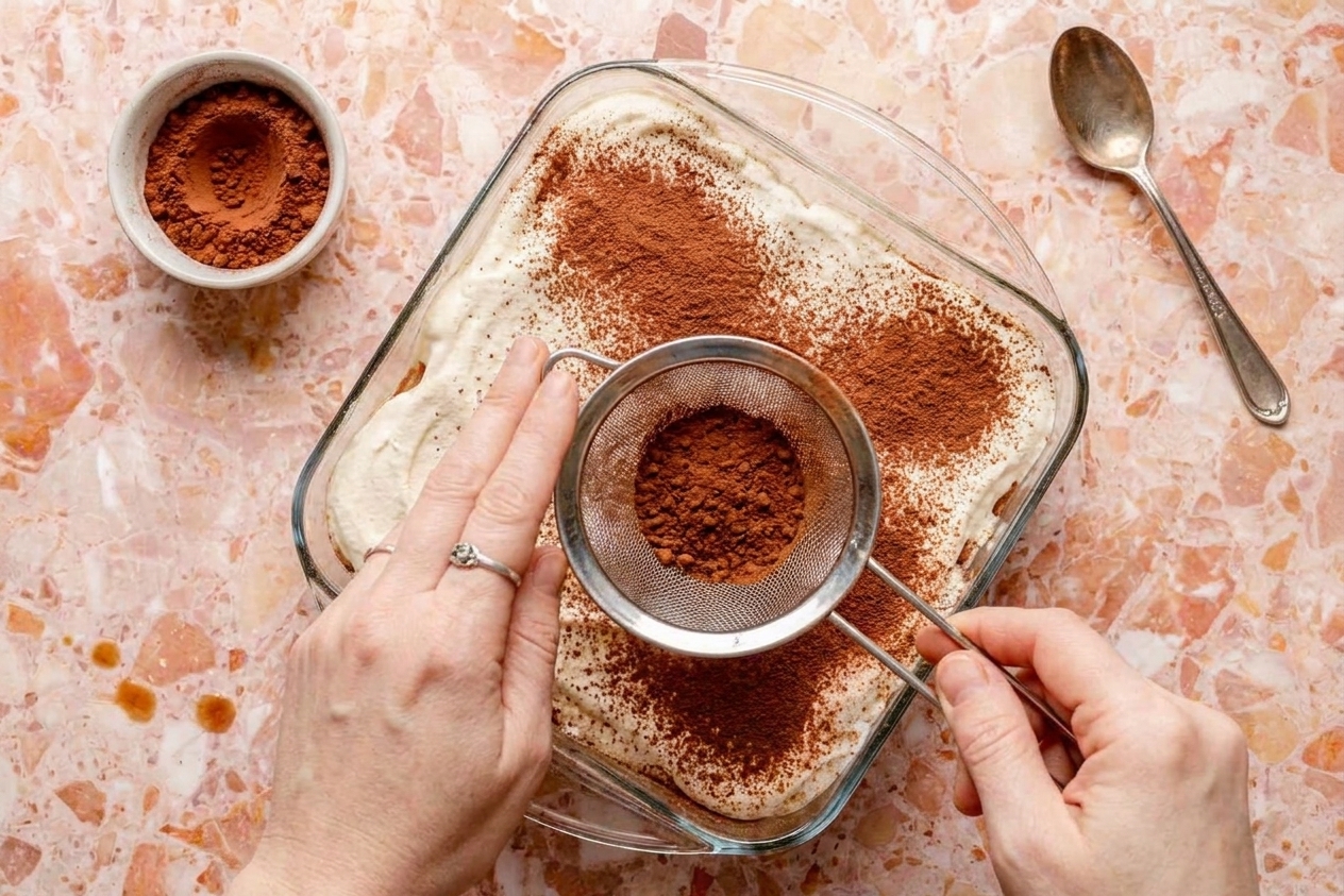 A fine-mesh sieve dusting cocoa powder over a chilled tiramisu in a baking dish on a kitchen counter