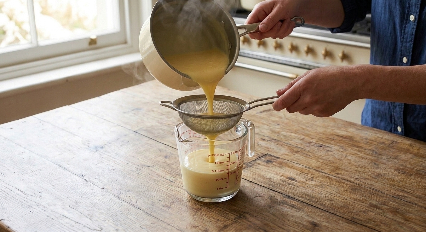 A fine-mesh sieve set over a glass measuring cup as warm custard is poured through, creating a smooth pale yellow mixture on a kitchen counter in warm natural light