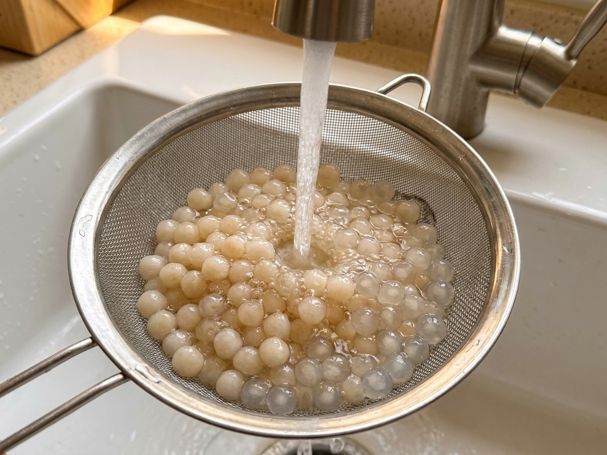 A fine-mesh strainer in a sink with cooked tapioca pearls being rinsed under cold water, showing the pearls turning translucent