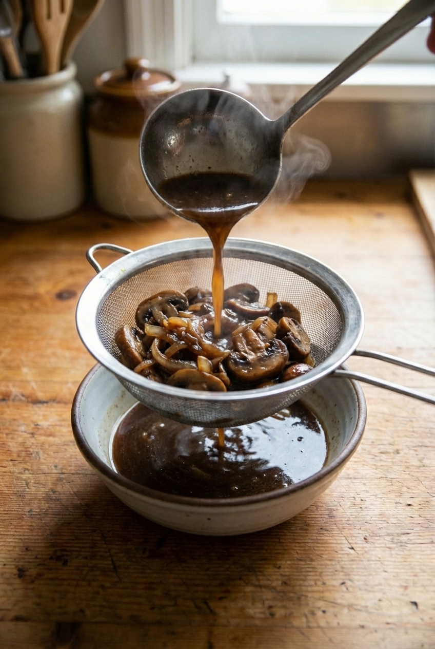 A fine-mesh strainer over a bowl with dark au jus pouring through, roasted mushrooms and onions visible in the strainer