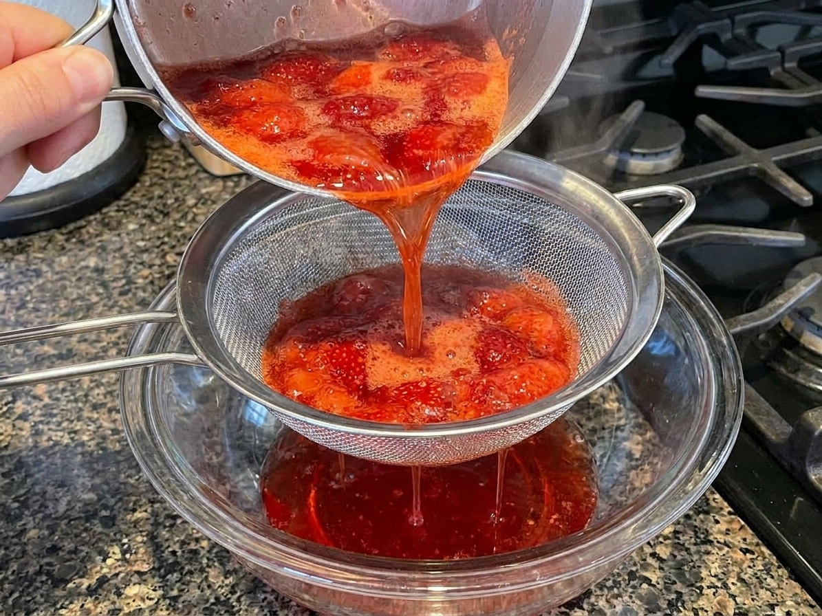 A fine-mesh strainer set over a bowl as hot strawberry syrup is poured through, leaving seeds and pulp behind