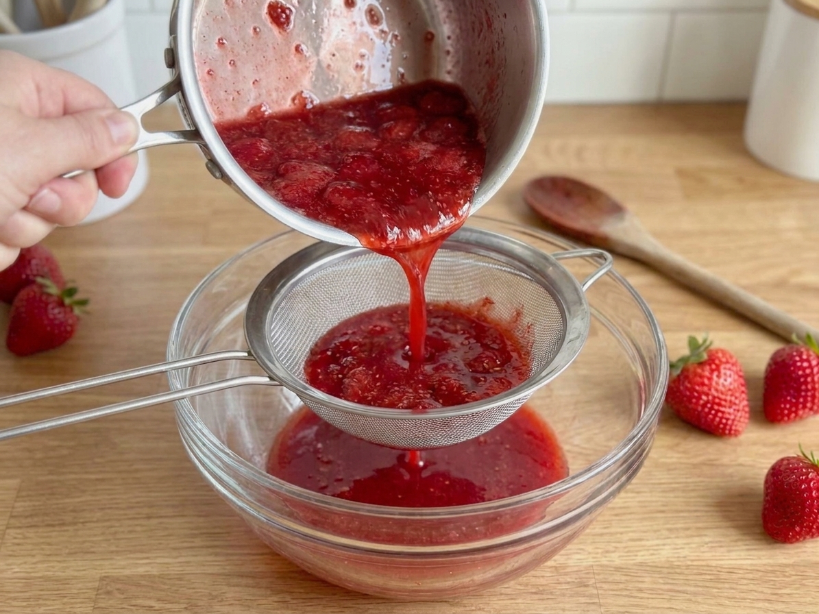 A fine-mesh strainer set over a bowl as warm strawberry syrup is poured through, leaving seeds and fruit solids behind
