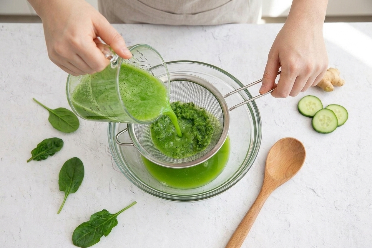 A fine mesh strainer set over a bowl while bright green blended juice is poured through, with a wooden spoon nearby on a kitchen counter