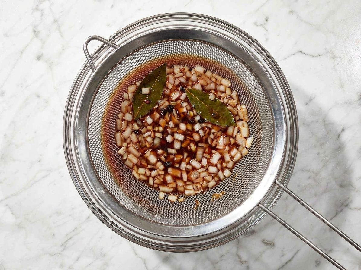 A fine-mesh strainer set over a bowl with marinade liquid draining through while onions and spices collect in the strainer