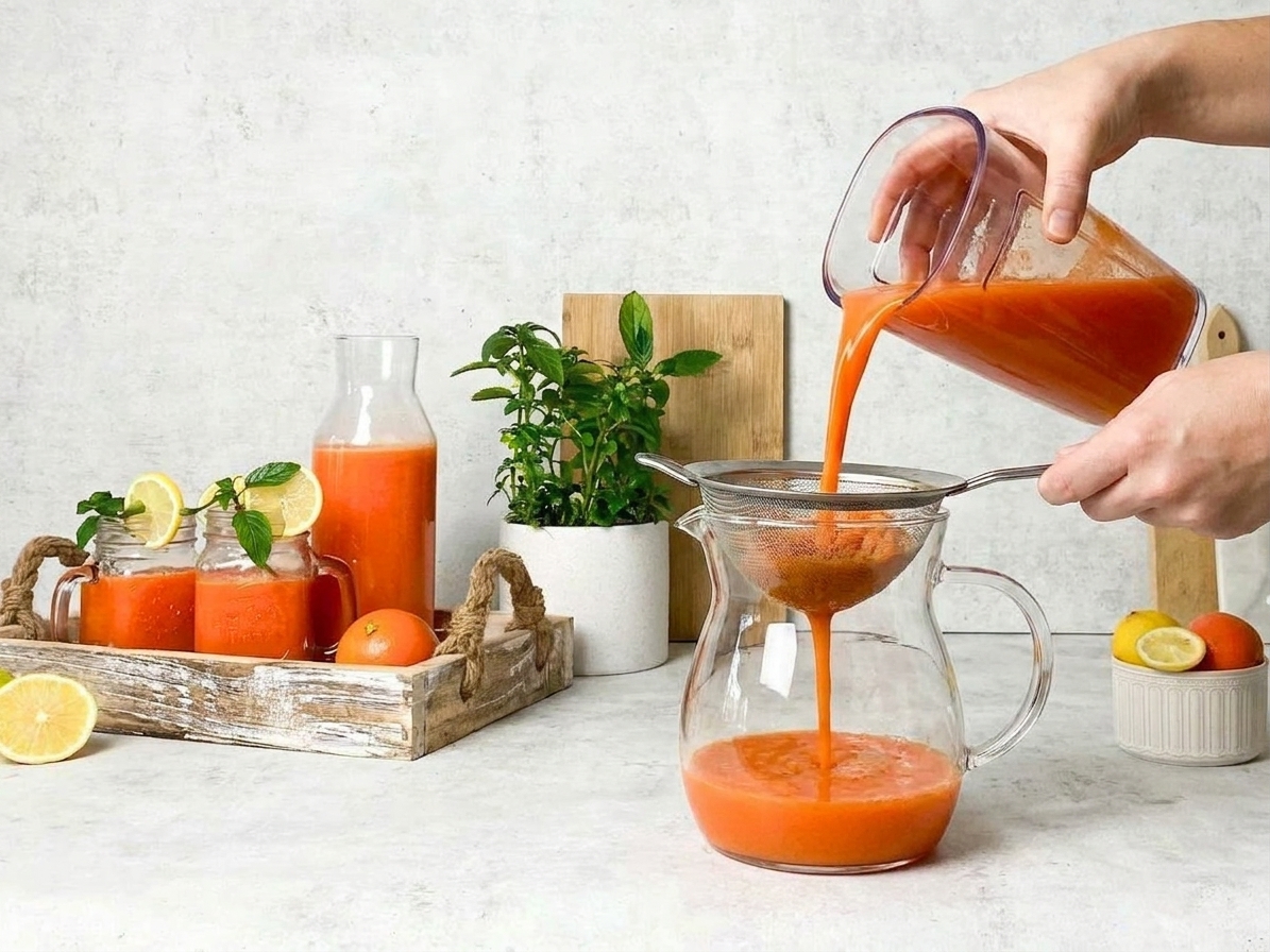 A fine-mesh strainer set over a glass pitcher as bright carrot juice is poured through, leaving pulp behind