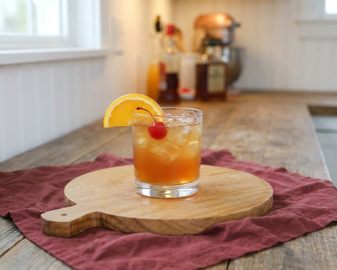 A finished Alabama Slammer cocktail in a short glass over ice with an orange slice garnish on the rim, sitting on a wooden table