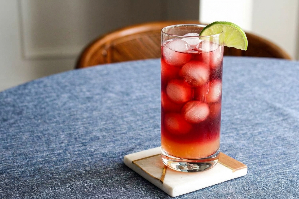 A finished Bay Breeze cocktail in a highball glass with ice and a lime wedge garnish on a simple table setting