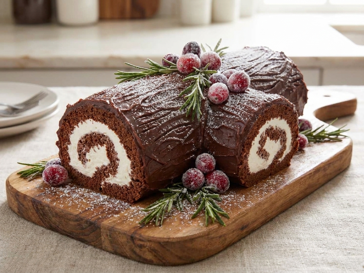 A finished Bûche de Noël on a wooden serving board, frosted with chocolate ganache and textured like tree bark, dusted lightly with powdered sugar on a linen-covered table