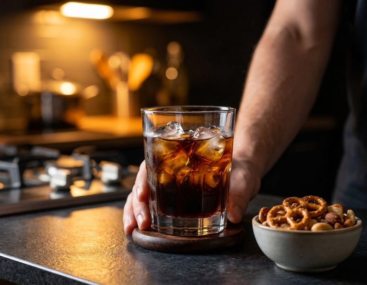 A finished Black Russian cocktail on a small coaster with a simple snack bowl nearby on a tidy kitchen table