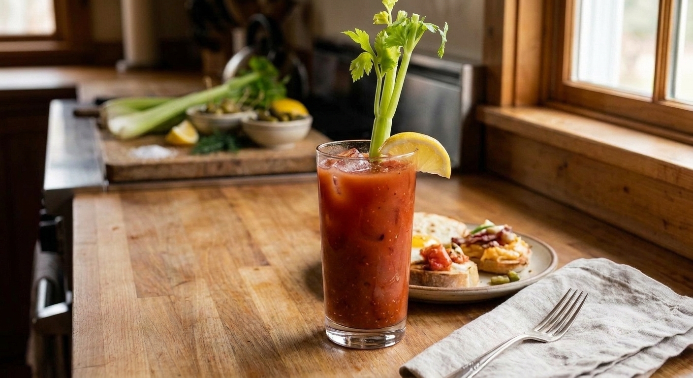 A finished Bloody Mary in a tall glass filled with ice, garnished with celery and a lemon wedge, sitting on a casual brunch table setting