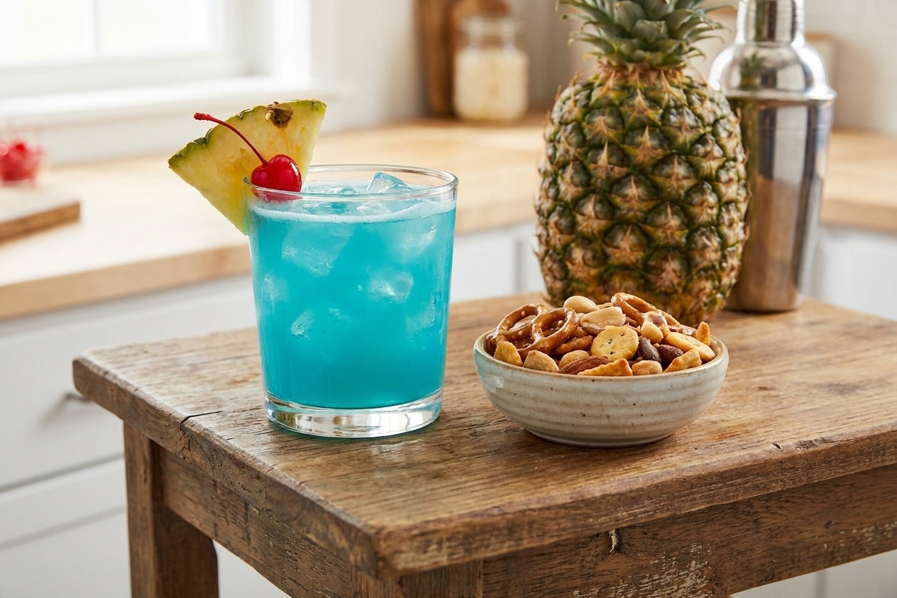 A finished Blue Hawaiian cocktail on a small table setting with a pineapple garnish and a bowl of salty snacks nearby