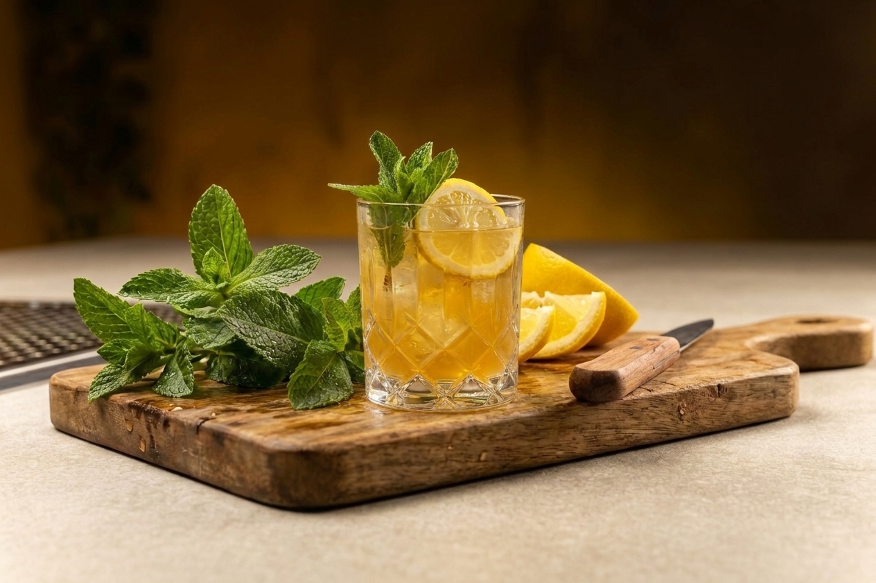 A finished Bourbon Smash in a rocks glass with a mint sprig and lemon wheel on a wooden table setting