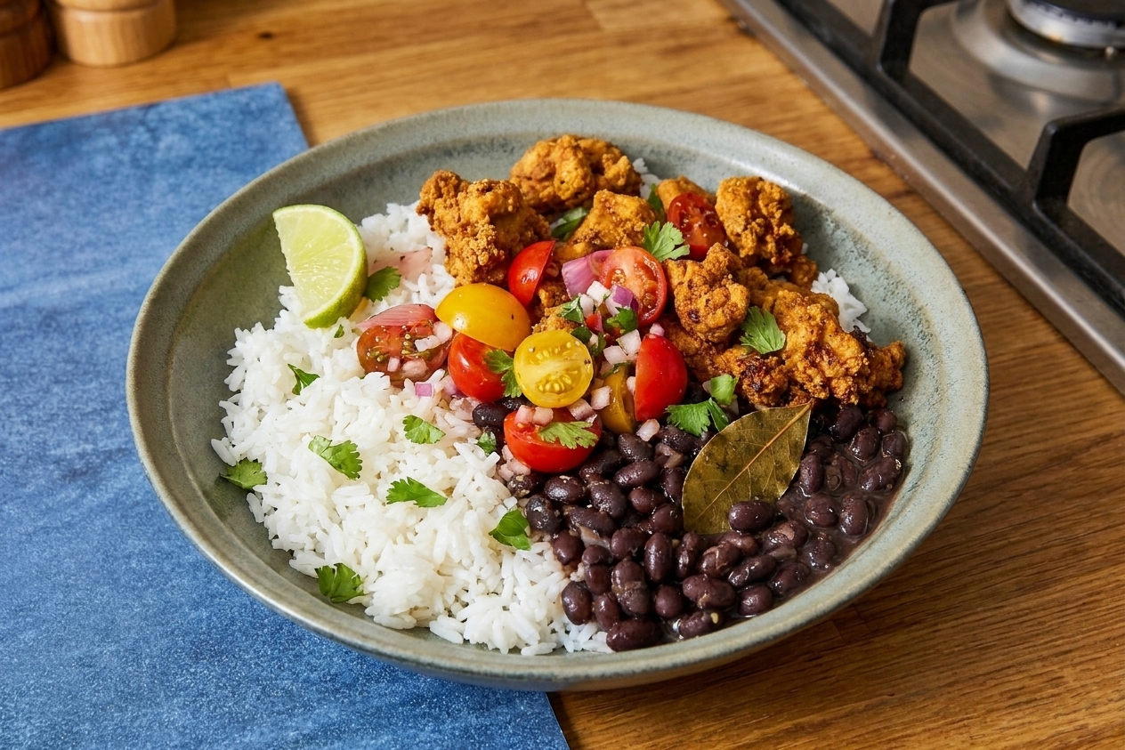 A finished Brazilian-inspired chicken bowl with garlicky rice, black beans, and tomato lime salsa served at a simple dinner table in soft natural light