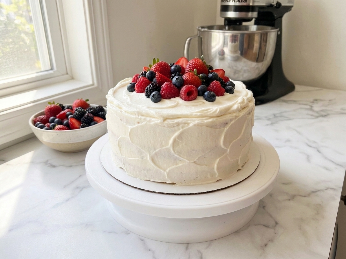 A finished Chantilly cake topped with fresh strawberries, blueberries, and raspberries, with frosting swirled in soft peaks