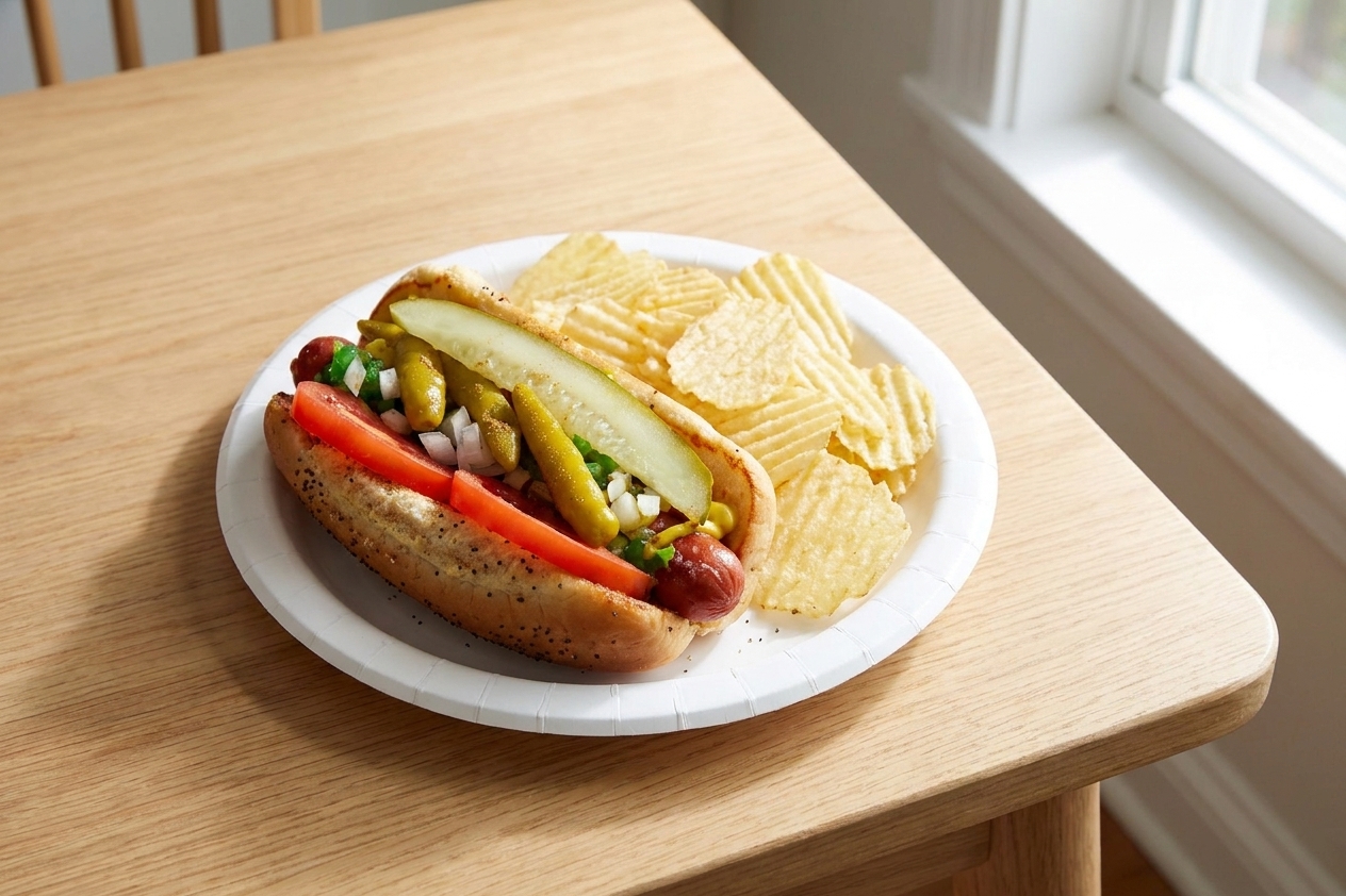 A finished Chicago-style hot dog on a plate with a side of chips, set on a simple dining table with natural light