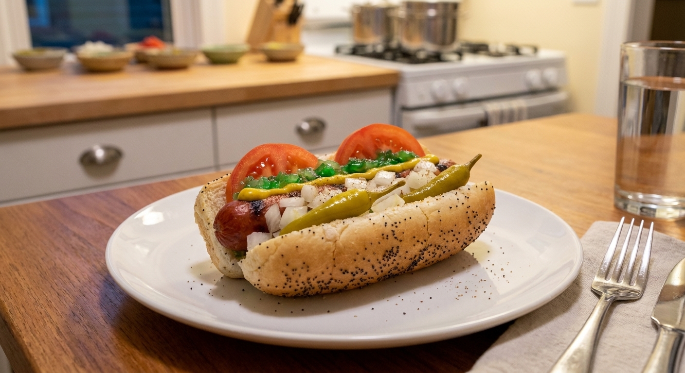 A finished Chicago-style hot dog on a simple plate with all toppings visible, set on a dining table with a casual weeknight place setting