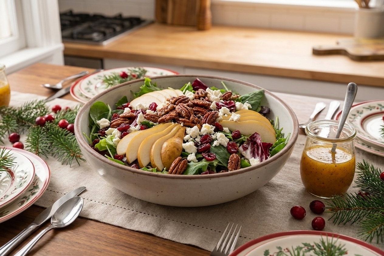 A finished Christmas salad in a large serving bowl with pears, cranberries, feta, and candied pecans on top, ready to serve on a holiday table