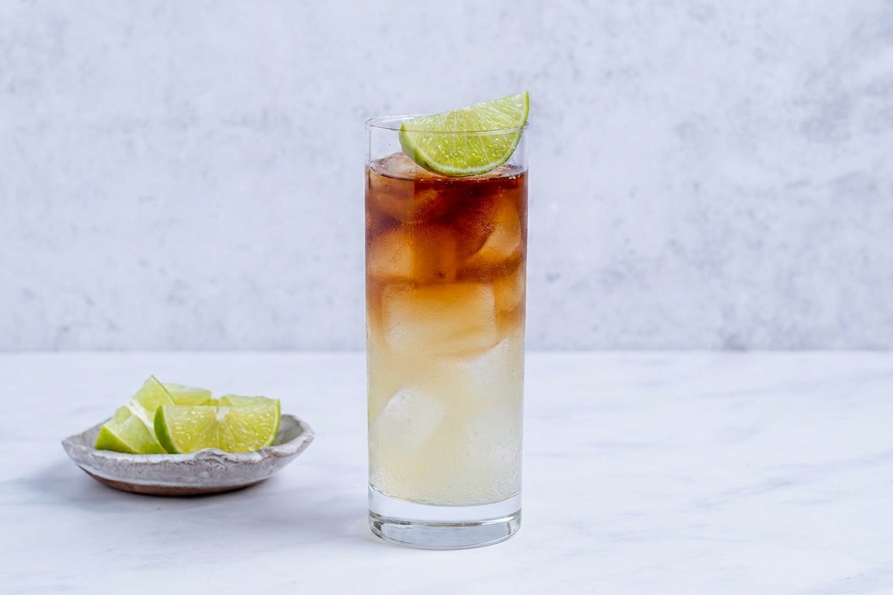 A finished Dark and Stormy cocktail with a dark rum layer, fizzy ginger bubbles, and a lime wedge on the rim on a simple table setting