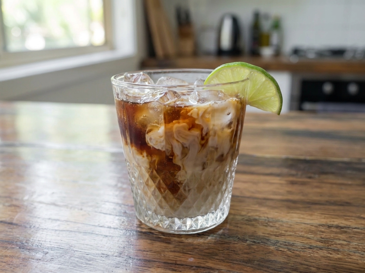 A finished Dirty Dr Pepper with swirls of cream, lots of ice, and a lime wedge on the rim, set on a kitchen counter