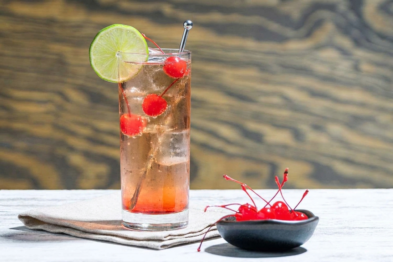 A finished Dirty Shirley in a tall glass with maraschino cherries and a lime wedge, set on a simple table setting with a neutral napkin