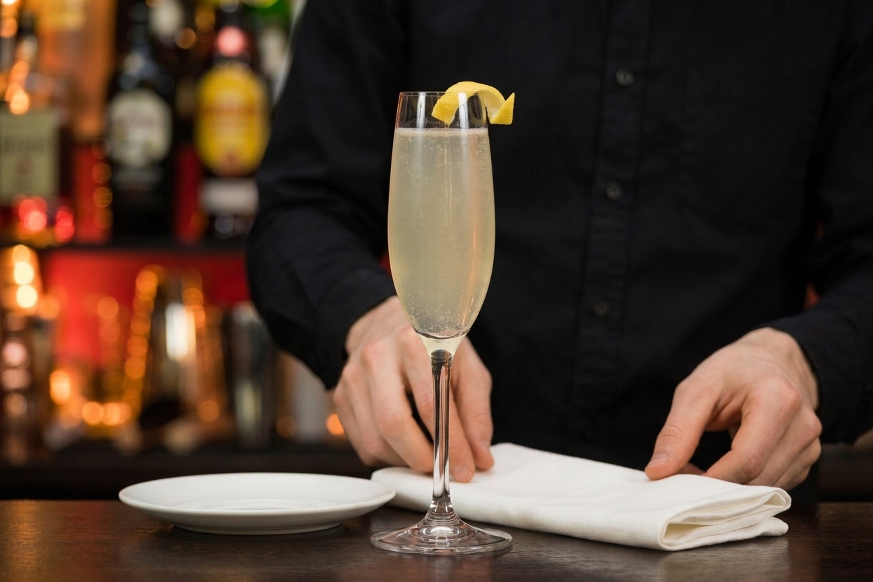 A finished French 75 cocktail in a flute glass on a table setting with a small plate and a folded napkin, garnished with a lemon twist