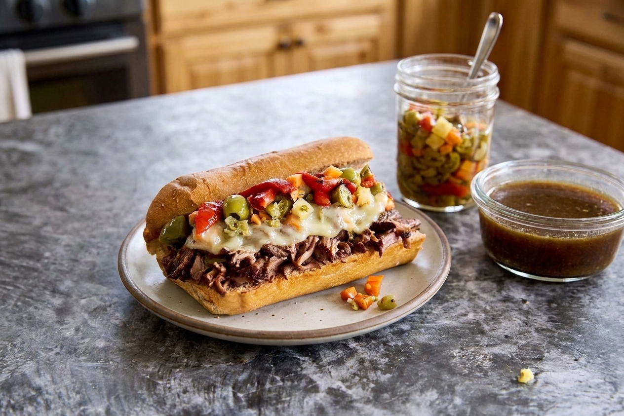 A finished Italian beef sandwich with melted provolone and sweet peppers on a plate, with a small bowl of au jus and a jar of giardiniera nearby