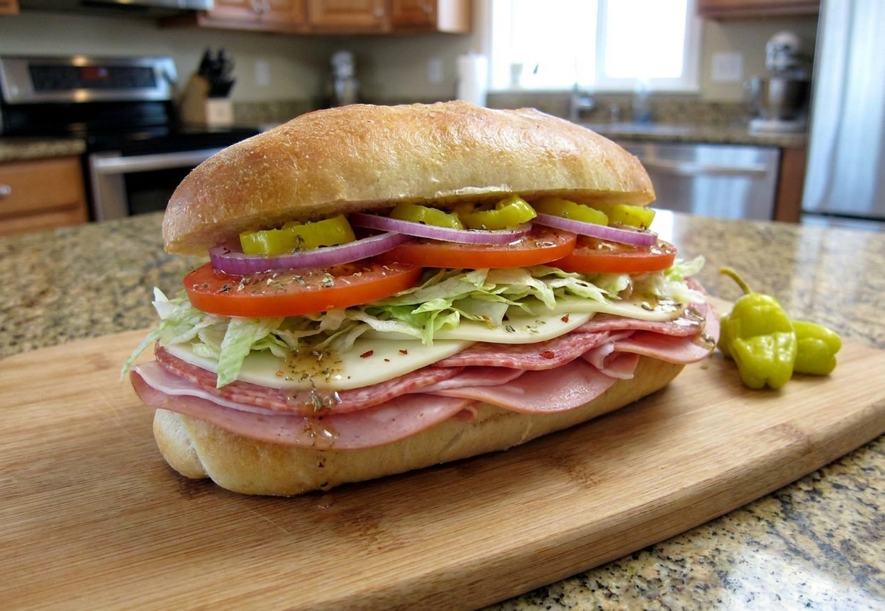 A finished Italian hoagie sandwich on a cutting board with sliced tomatoes, shredded lettuce, and deli meats, set on a simple kitchen table