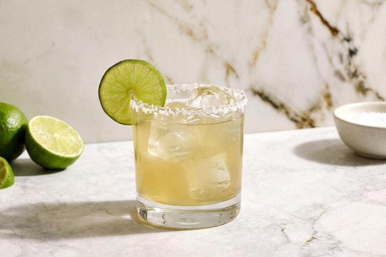 A finished Italian margarita in a salt-rimmed rocks glass with clear ice and a lime wheel garnish, ready to serve