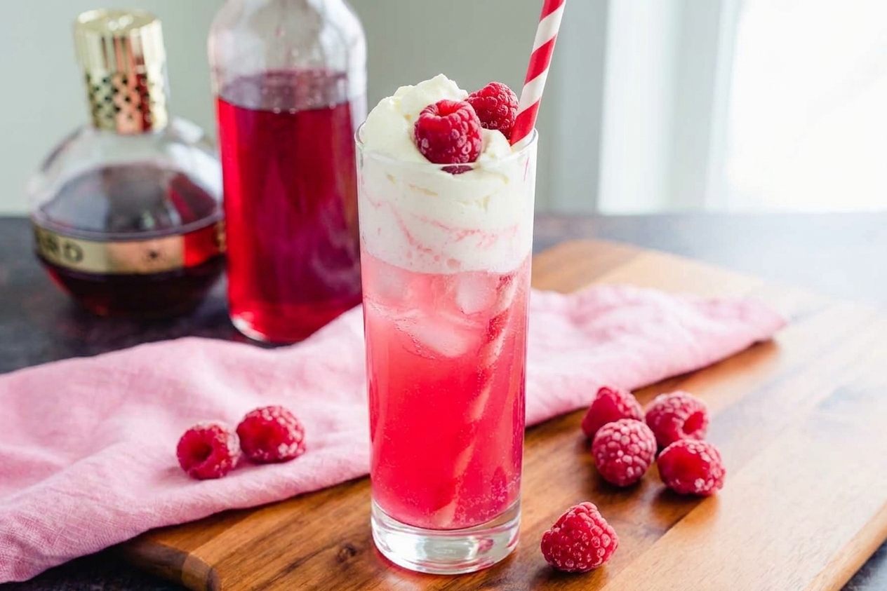A finished Italian soda with ice and a berry garnish on a simple wooden table setting in soft natural light