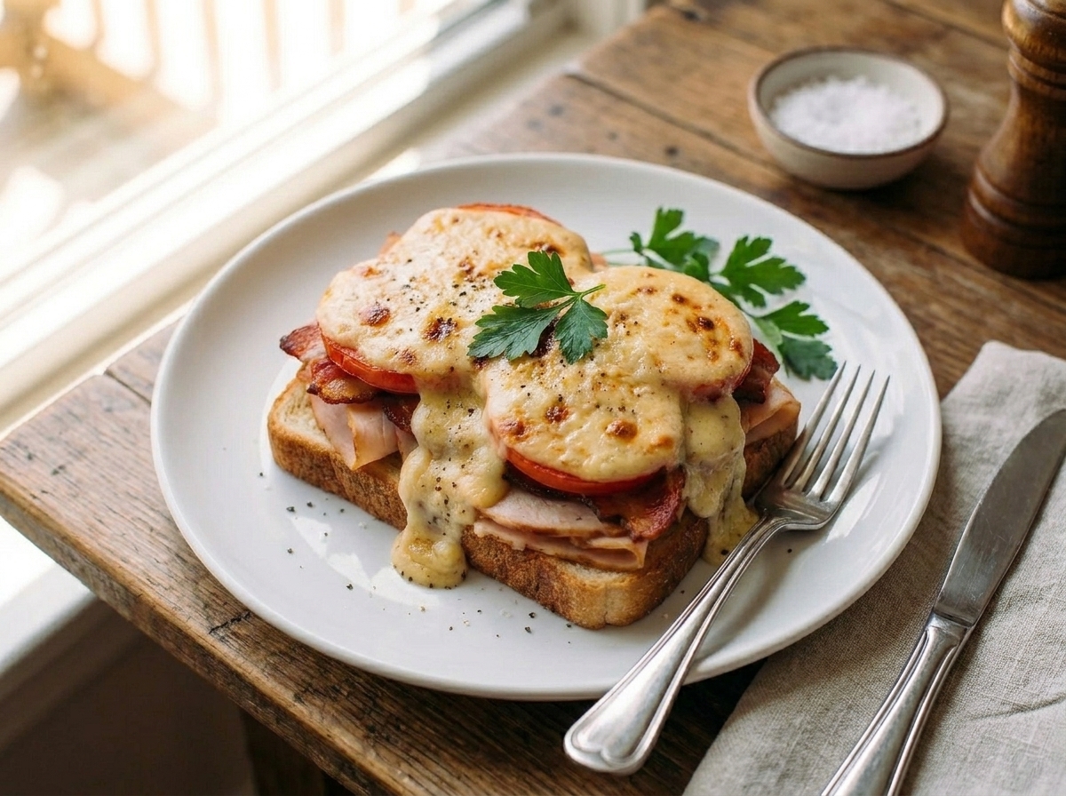 A finished Kentucky Hot Brown plated with a fork and knife beside it, bubbly browned sauce and crisp bacon on top, tomato slices peeking out on a cozy dinner table