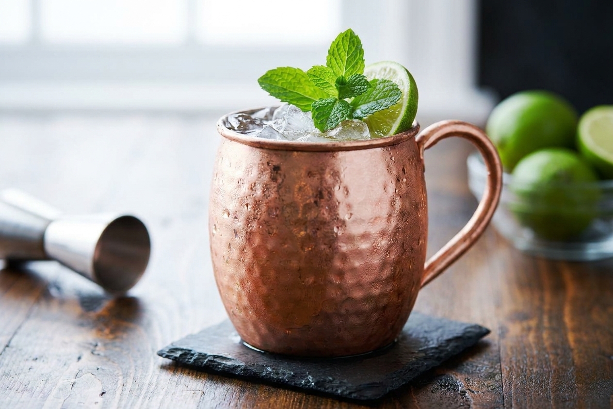 A finished Kentucky Mule in a copper mug with a lime wedge and mint sprig, sitting on a wooden table with soft natural light
