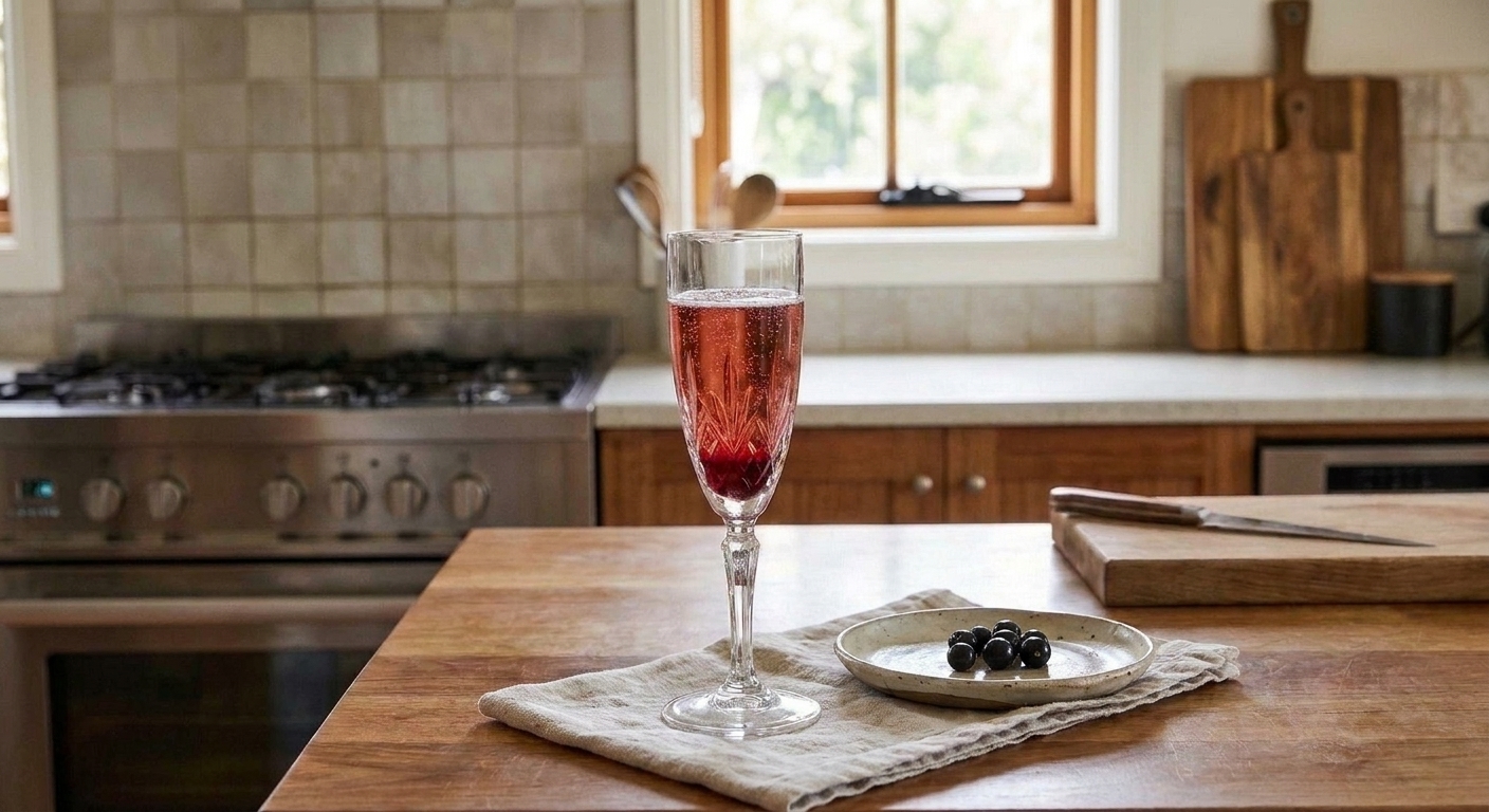 A finished Kir Royale in a Champagne flute on a simple table setting with a small plate and linen napkin