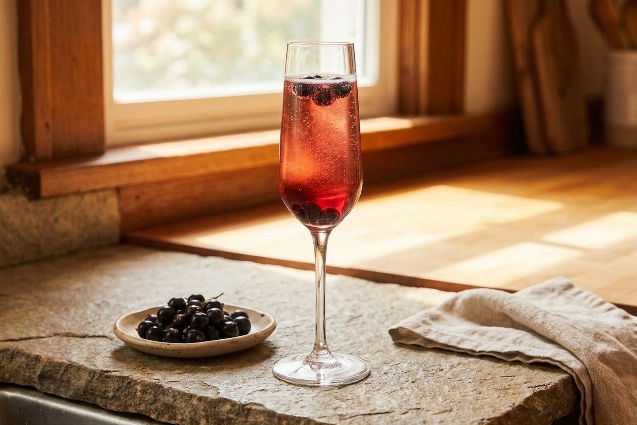 A finished Kir Royale in a flute on a simple table setting with a small plate and linen napkin, soft natural light