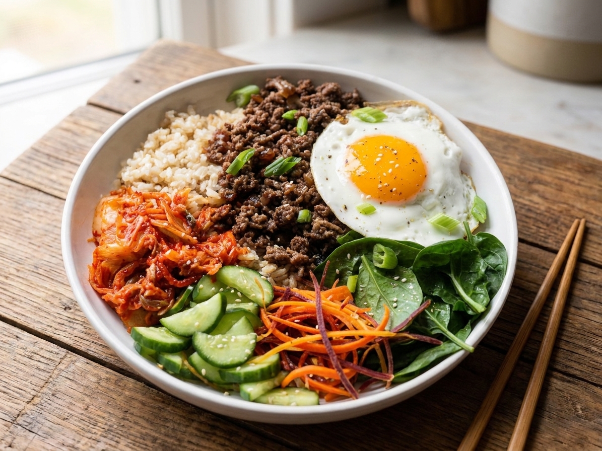 A finished Korean beef bowl on a wooden table with green onions and sesame seeds on top, with chopsticks beside the bowl