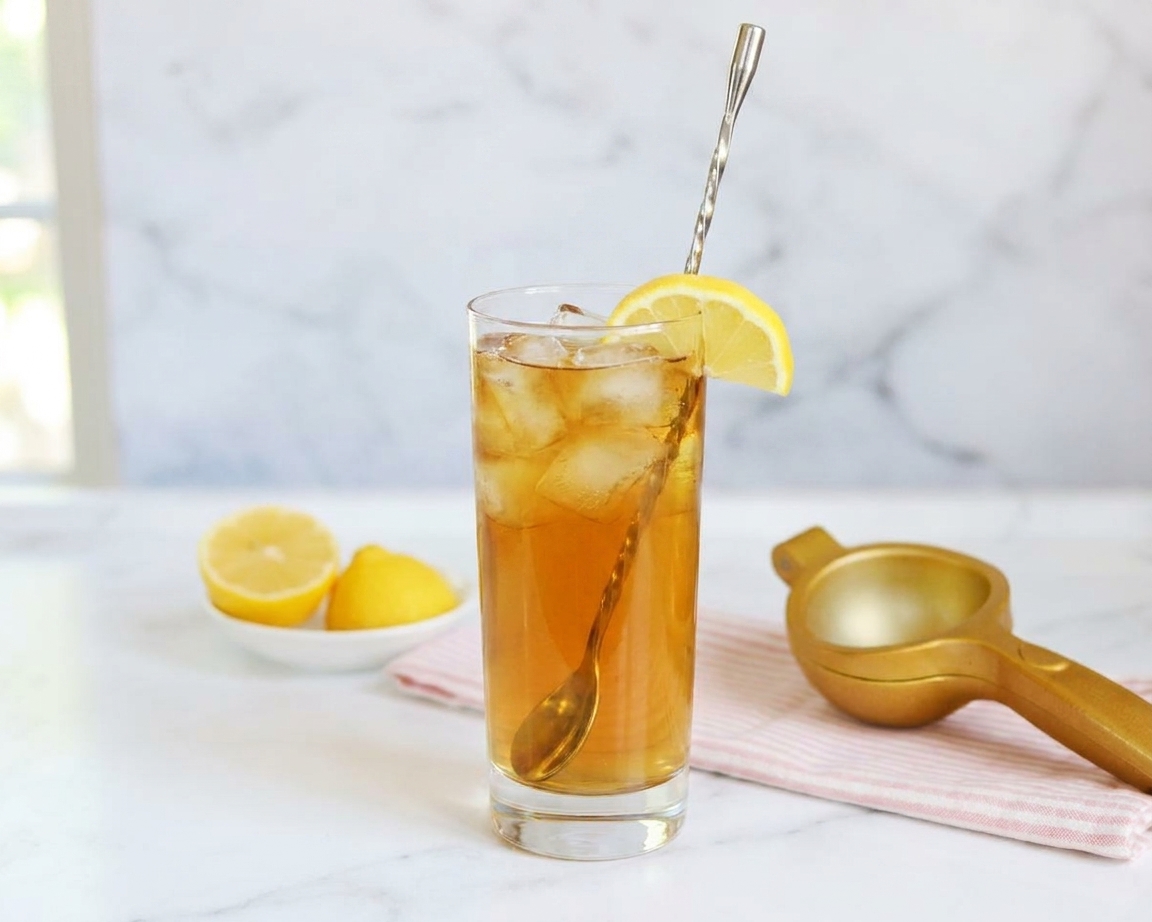 A finished Long Island Iced Tea in a tall glass with a lemon wedge garnish and a bar spoon resting inside on a kitchen counter