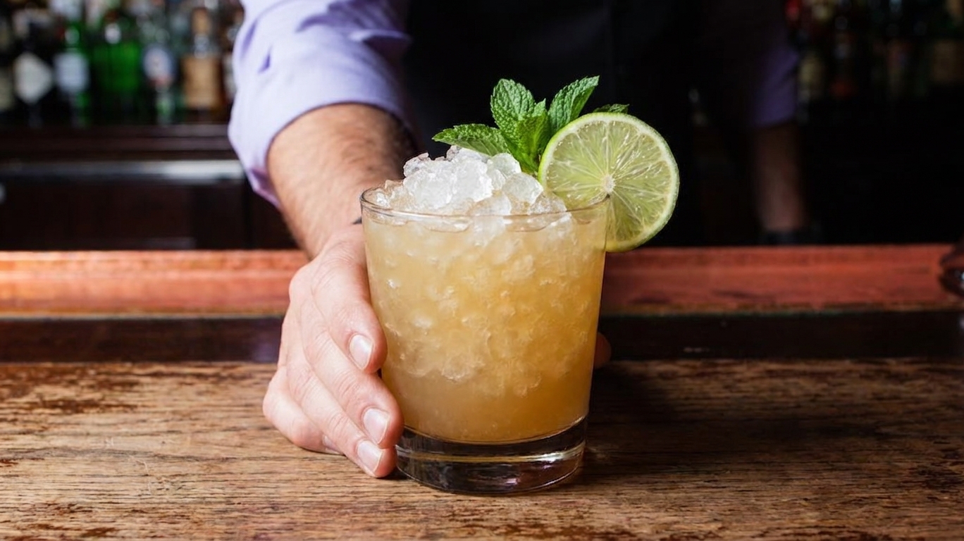 A finished Mai Tai in a rocks glass packed with crushed ice, topped with a mint sprig and lime wheel on a wooden countertop in warm light