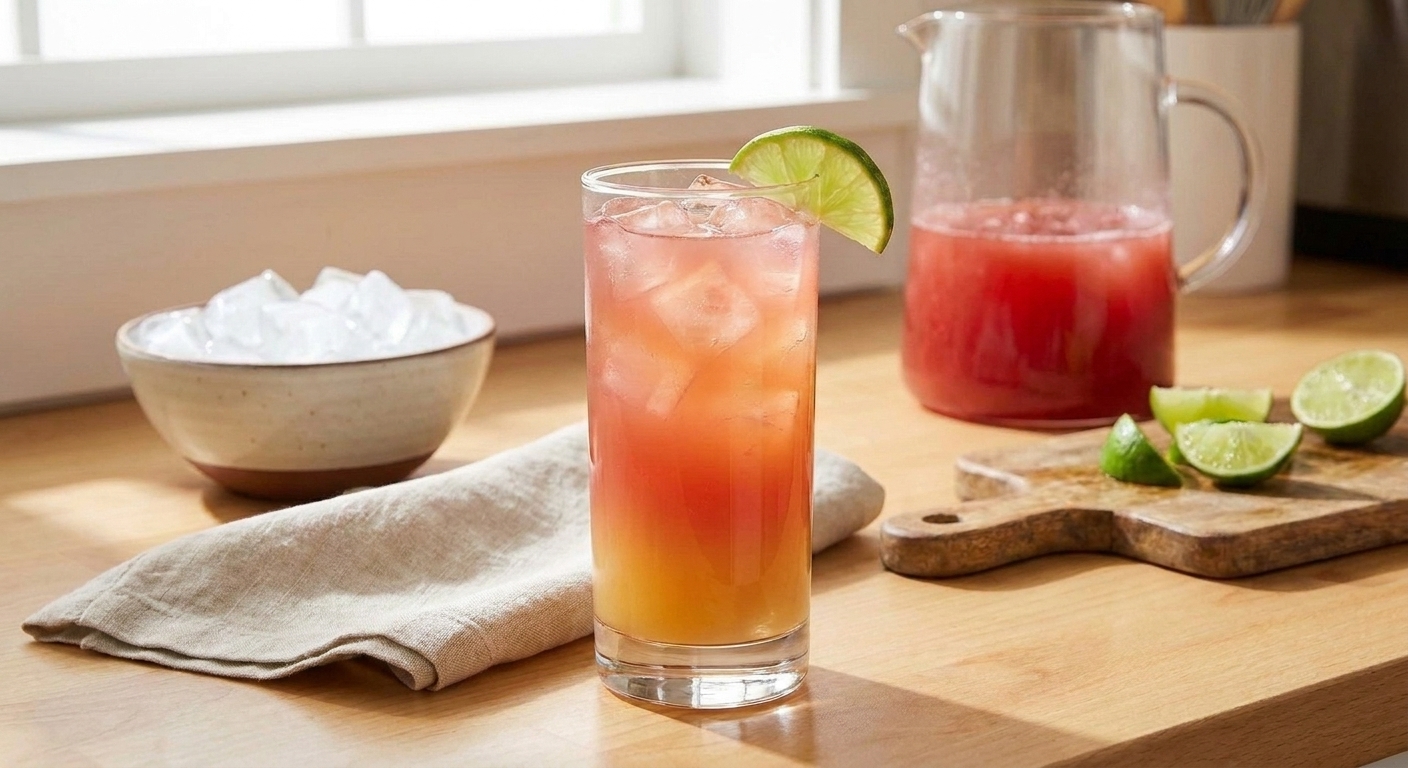 A finished Malibu Bay Breeze on a simple table setting with a lime wedge garnish and a napkin beside the glass