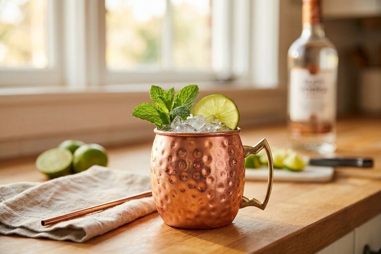 A finished Moscow Mule in a copper mug with a lime wheel and mint sprig garnish on a wooden table setting with a napkin and straw