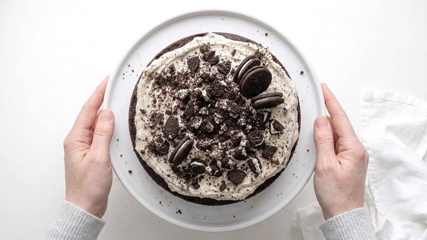 A finished Oreo cake frosted with cookies-and-cream buttercream and topped with crushed Oreos on a cake stand