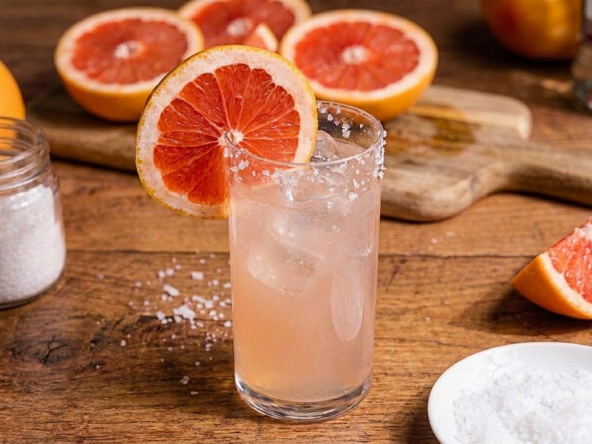 A finished Paloma in a highball glass with a salted rim, ice, and a grapefruit wedge garnish on a simple wooden table setting