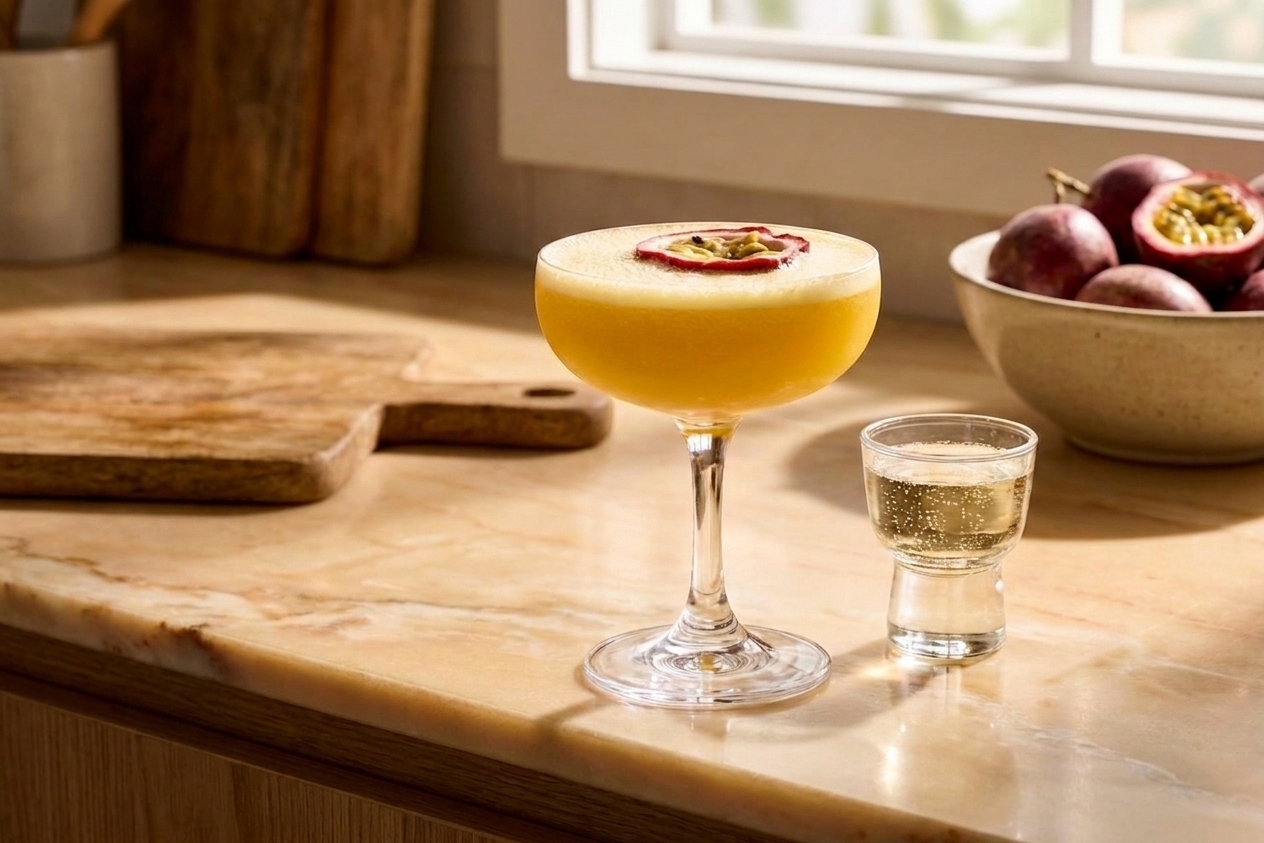 A finished Pornstar Martini in a coupe with a foamy top next to a small glass of sparkling wine on a simple table setting