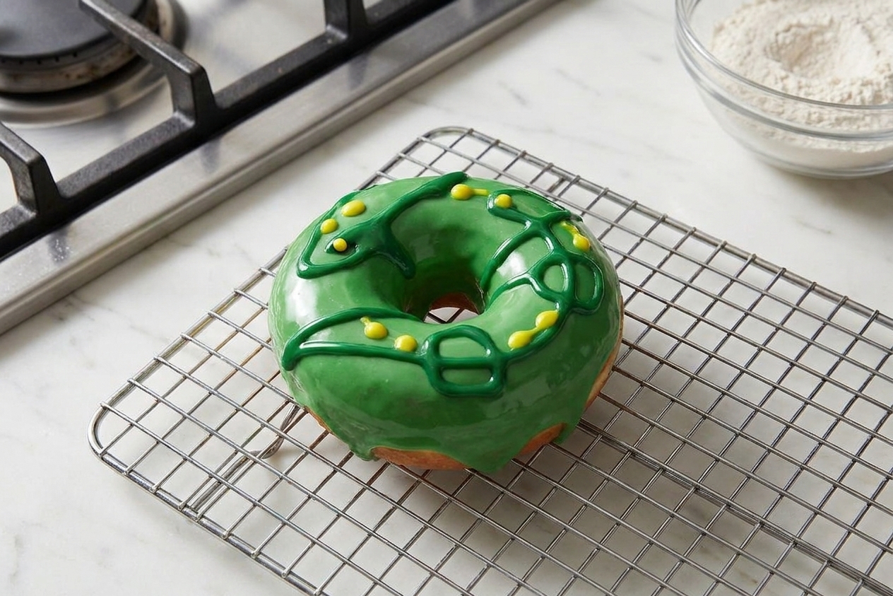 A finished Rayquaza-inspired green glazed donut with darker green drizzle and small yellow accent dots