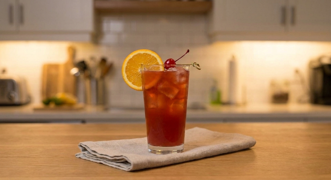 A finished Rum Runner cocktail with an orange slice and cherry garnish resting on the rim, sitting on a simple table setting with a linen napkin