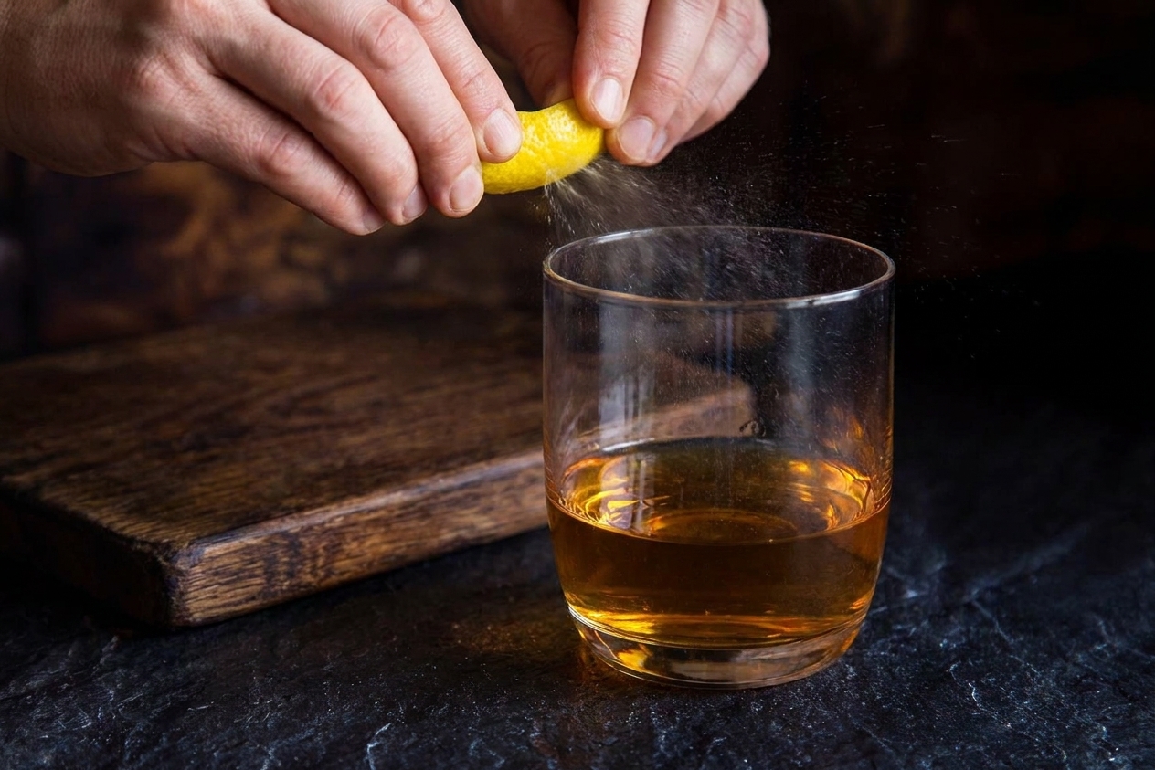 A finished Sazerac in a rocks glass as lemon oils are expressed from a twist above the drink